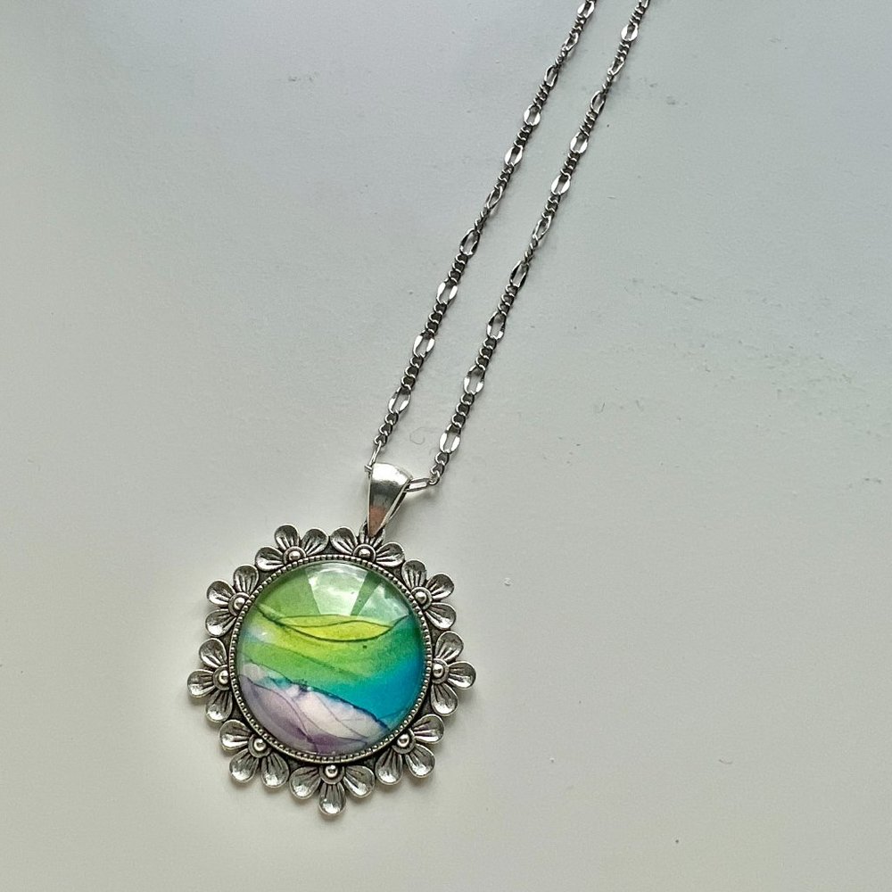 Watercolor Flower Pendant Necklace, Floral Metal Necklace, Boho Jewelry - Picture 11 of 11